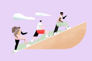 Three abstract figures climbing a slope with cloudy skies in the background on a purple backdrop.