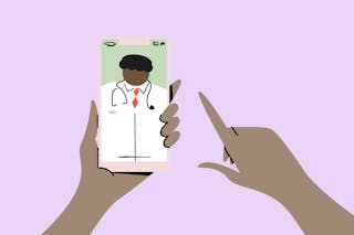Illustration of a person holding a smartphone, displaying a doctor in a white coat and red tie on the screen.