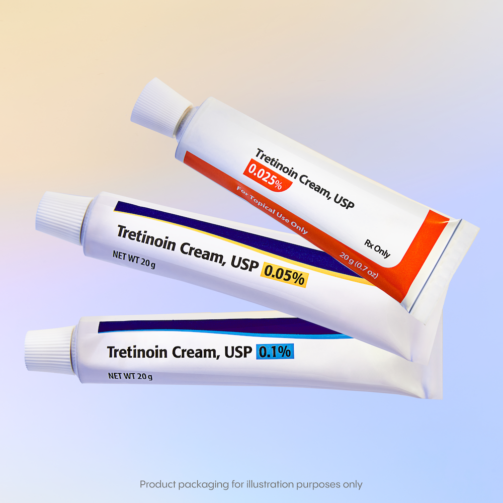 Displayed against a gradient background, three tubes of Tretinoin Cream stand confidently, offering concentrations of 0.025%, 0.05%, and 0.1% for your skincare needs.