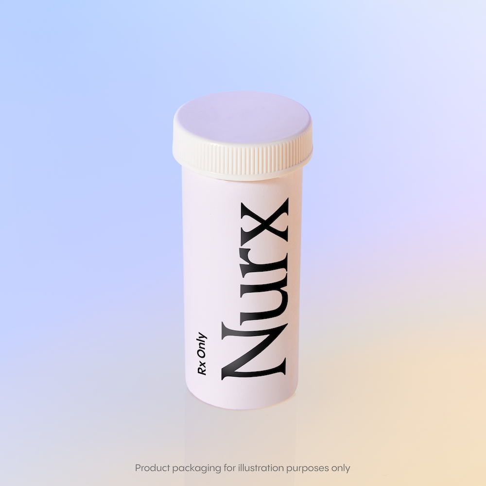 A pink prescription pill bottle labeled 