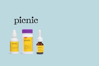 Three Picnic-brand medical bottles against a light blue background.
