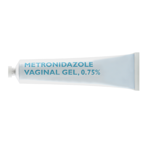 Tube of Metronidazole Vaginal Gel, 0.75%, with blue text on white packaging, reminiscent of the design on Tretinoin Cream tubes.