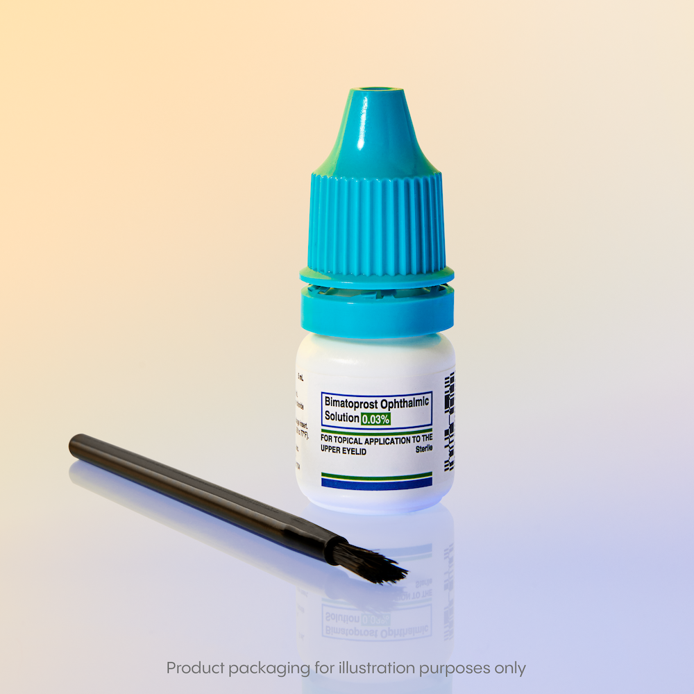 A bottle of Bimatoprost Ophthalmic Solution 0.03% with a teal cap and an applicator brush lies in front against a gradient background, reminiscent of the elegance seen in Tretinoin Cream packaging.