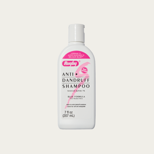 A white bottle of Rugby Anti-Dandruff Shampoo with a pink label. Contains 7 fl oz (207 mL).