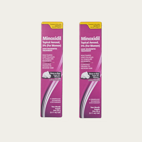 Two pink boxes of Minoxidil Topical Aerosol, 5% for women, are displayed. The product is for hair regrowth treatment and is unscented.