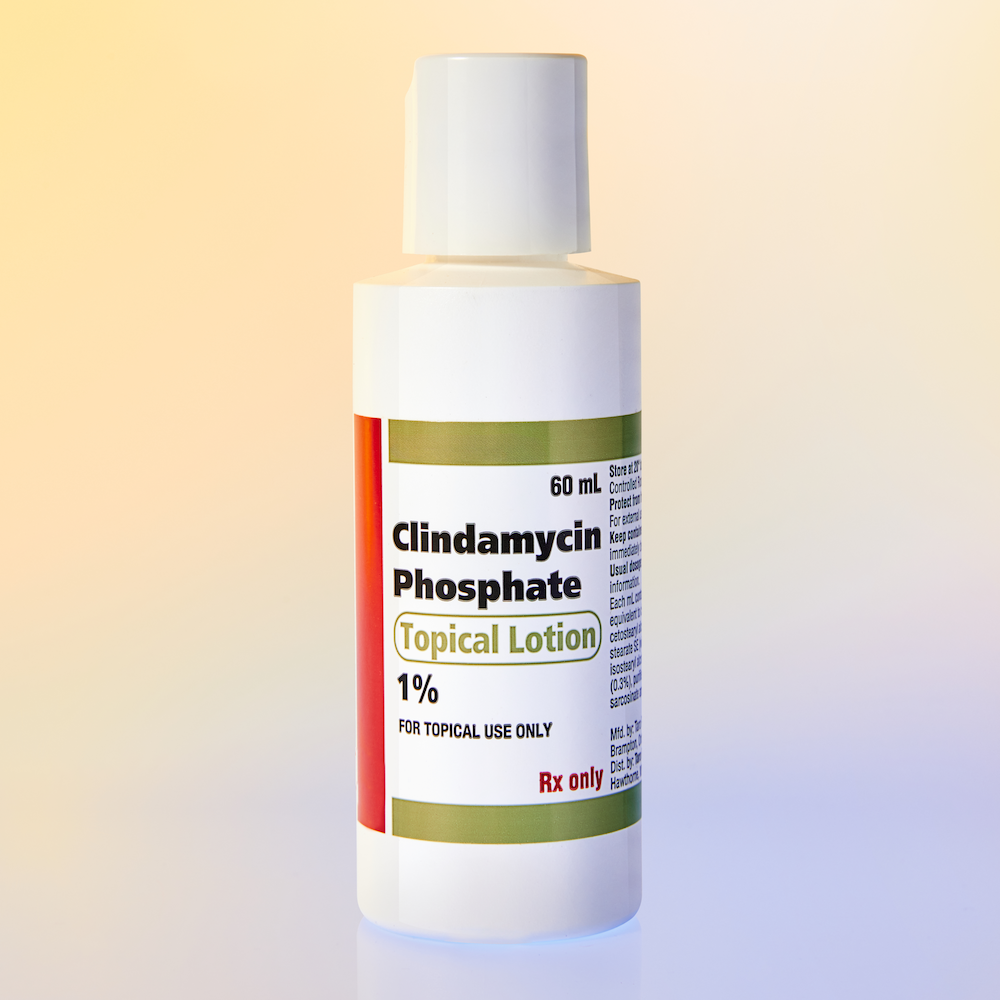 A 60 ml bottle of Clindamycin Phosphate topical lotion, 1%, designed exclusively for topical use, stands against a gradient background.