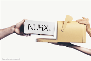 A hand holds a Nurx package next to a hand holding an open mailbox.
