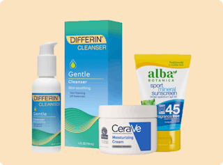 Skincare products include Differin cleanser bottle and box, CeraVe moisturizing cream jar, and Alba Botanica sunscreen tube.