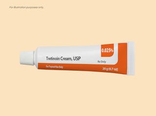 Tube of Tretinoin Cream, USP 0.025%, 20g, with orange and white packaging, labeled for topical use only.