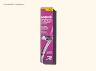 A box of Minoxidil topical aerosol 5% for women, used for hair regrowth treatment, positioned upright against a neutral background.