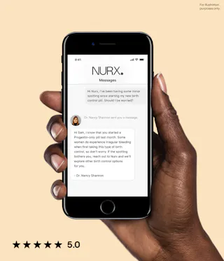 A hand holding a smartphone displaying a medical messaging app with a conversation about birth control concerns. There is a 5-star rating below.
