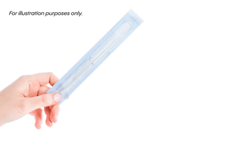 A hand holds a packaged medical swab against a white background.