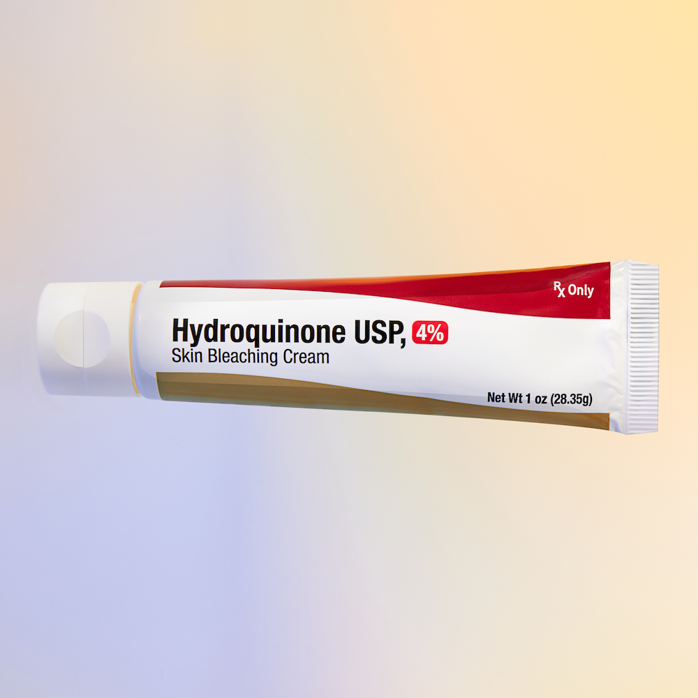 Tube of Hydroquinone Cream USP, 4% skin bleaching cream, 1 oz (28.35g), set against a gradient background.