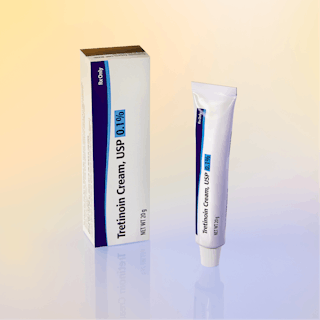 Tretinoin Cream, USP 0.1%, graces the scene with its sleek tube and box, enhanced by a gradient background, capturing a net weight of 20g.