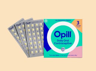 Image of Opill daily oral contraceptive packaging, showing three blister packs with pills. The box indicates a three-month supply and emphasizes FDA approval.