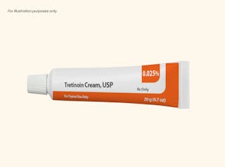 A tube of Tretinoin Cream, 0.025%, labeled for Rx only and topical use, weighing 20g.