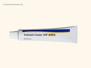 Tube of Tretinoin Cream, USP 0.05%, 20g, on a plain background.