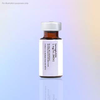 A small vial with a white label on a gradient background, labeled 