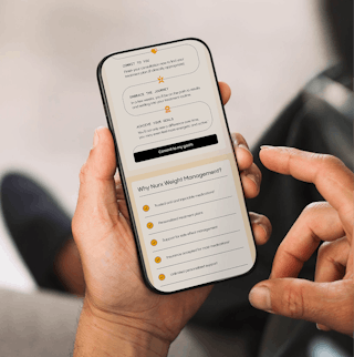 Man holding a phone that talks about Nurx weight management benefits.