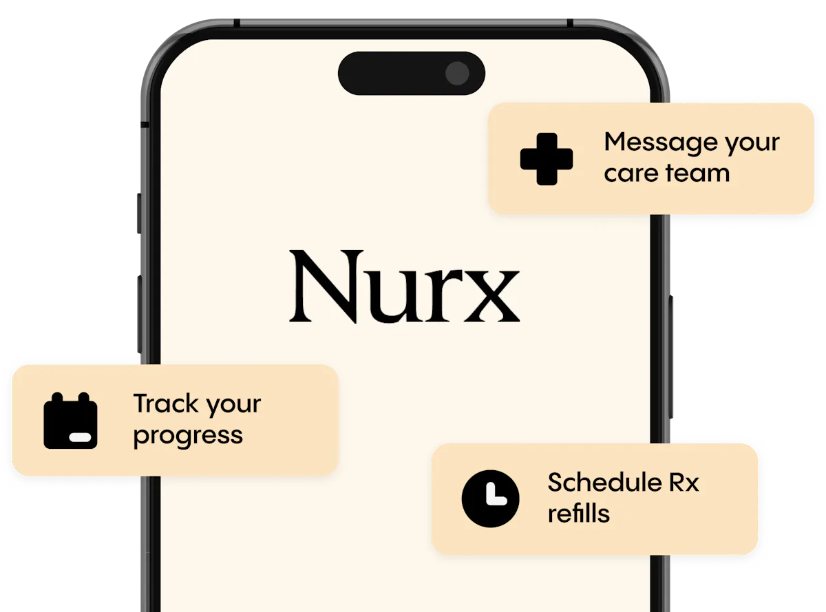 Nurx app mockup showing care-team messages, progress and prescription refills