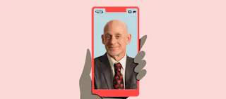Illustrated hand holding a phone showing a photo of Nurx dermatologist Dr. Peter Young